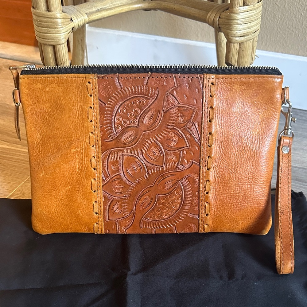 Handcrafted Tan Leather Wristlet Clutch - Embossed Detail